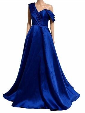 Jovani One-Shoulder Satin Gown in Cobalt Blue
